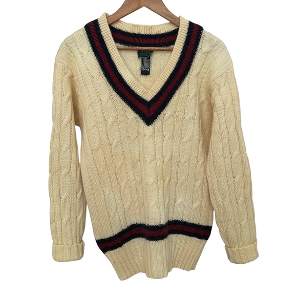 Vintage Abercrombie & Fitch Cream Wool Cable Knit Cricket Sweater Preppy Medium - Picture 15 of 15